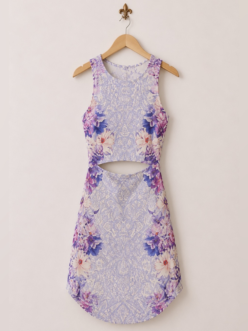 Rumor Boutique purple floral bodycon open waist sleeveless dress XS